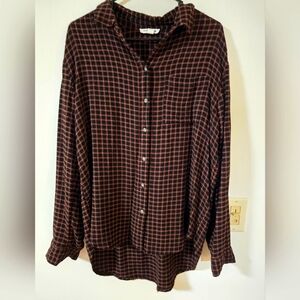 Plaid Country Casual Shirt Button-Up Hi Low Shirt Size L
